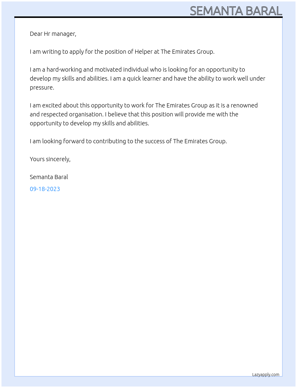 Helper At  The Emirates Group. Cover Letter