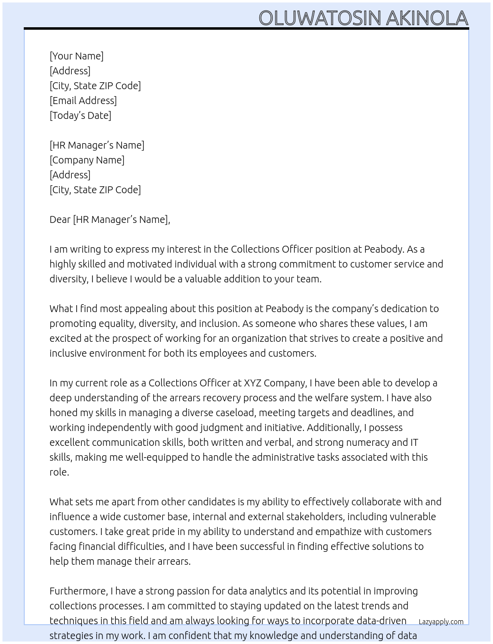 collections officer At Peabody Cover Letter