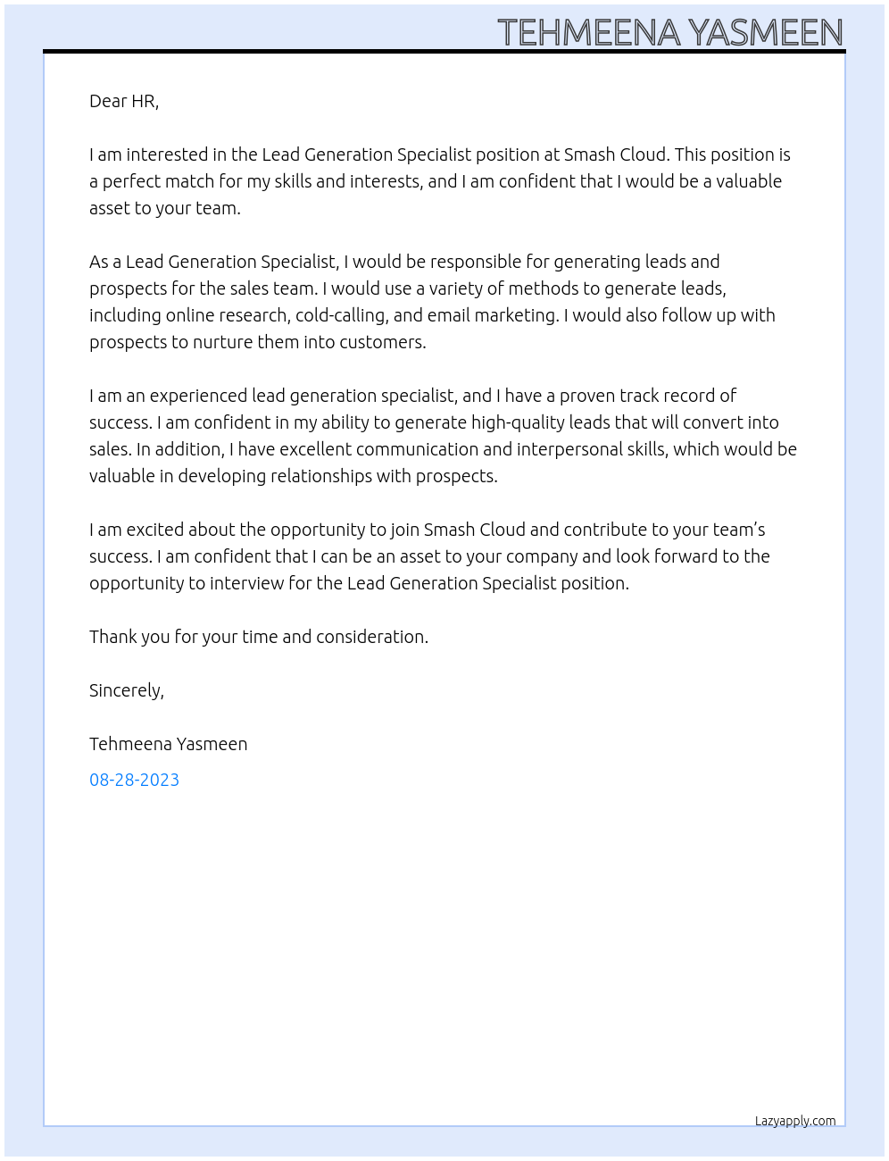 Lead Generation Specialist At Smash Cloud Cover Letter