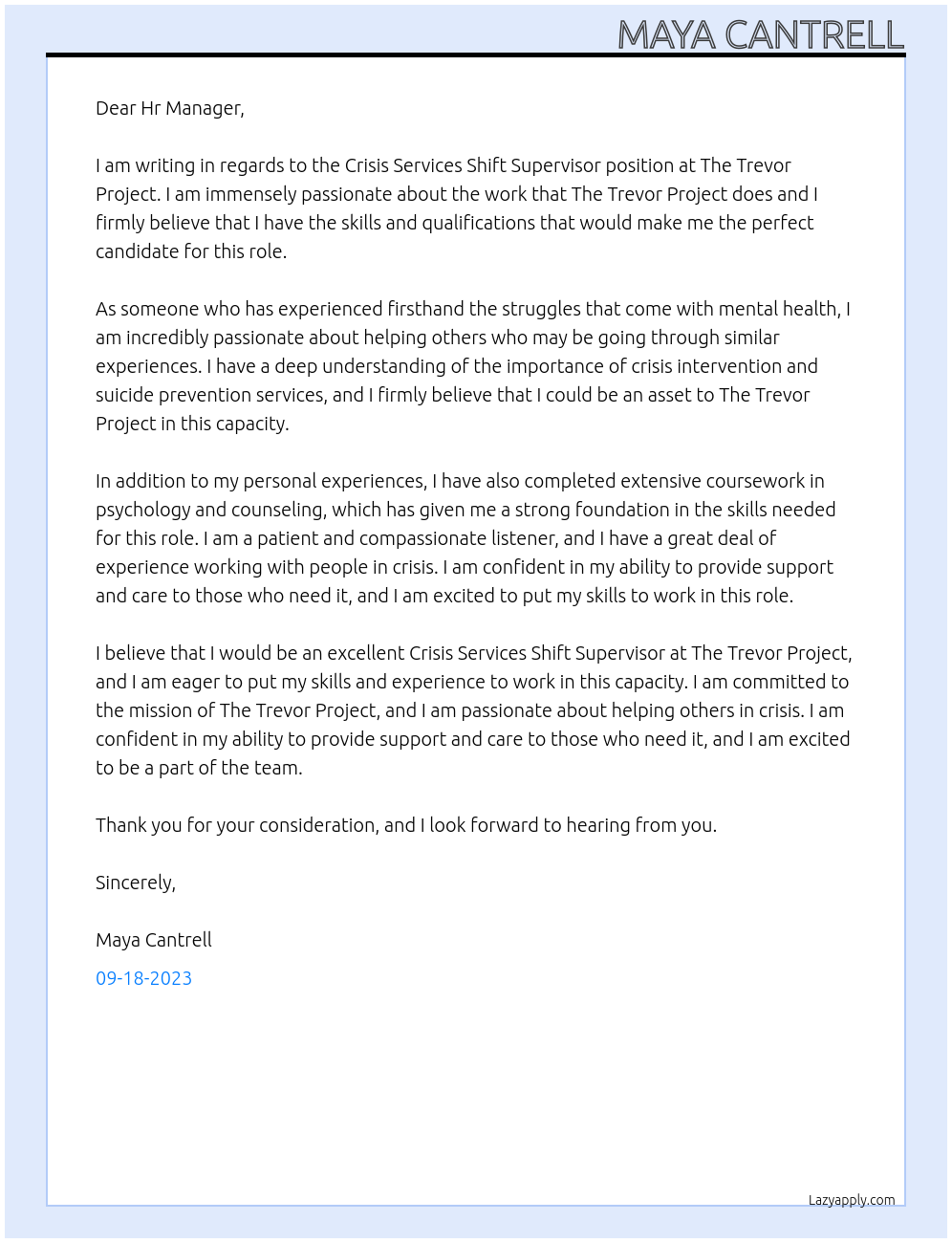 Crisis Services Shift Supervisor At The Trevor Project Cover Letter