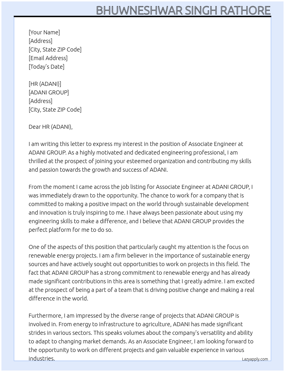 Associate Engineer At ADANI GROUP Cover Letter