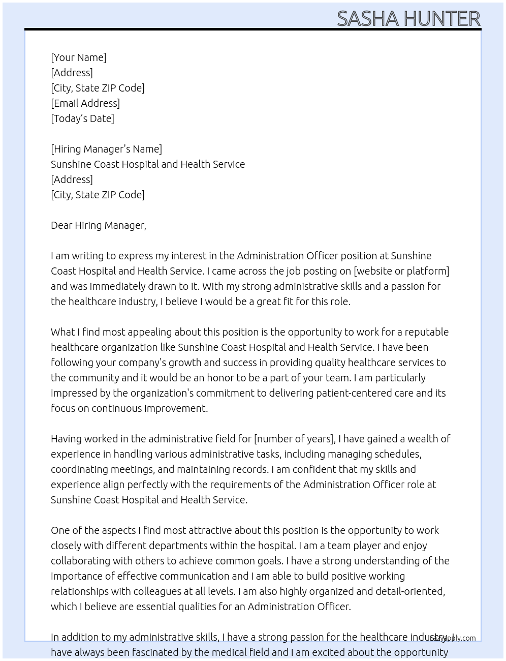 Administration Officer At Sunshine Coast Hospital and Health Service Cover Letter