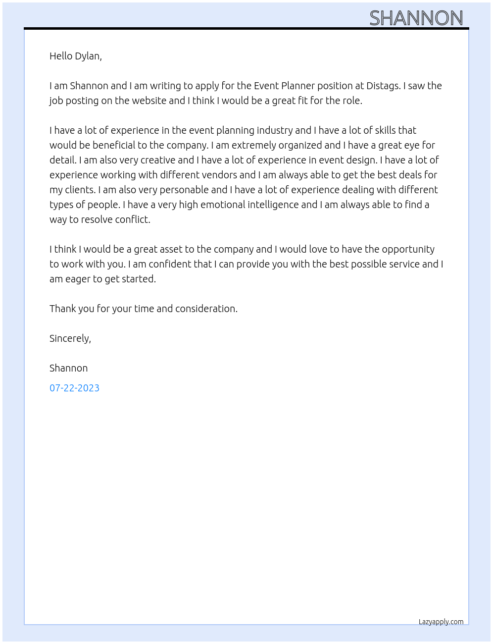 Event planner At Distags Cover Letter