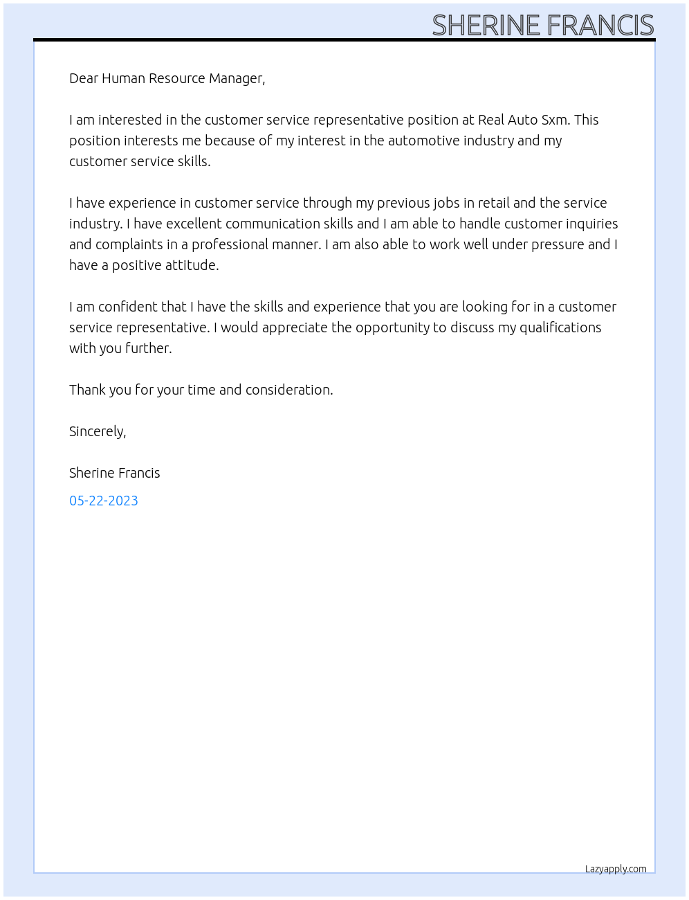 Customer service rep At Real Auto Sxm Cover Letter