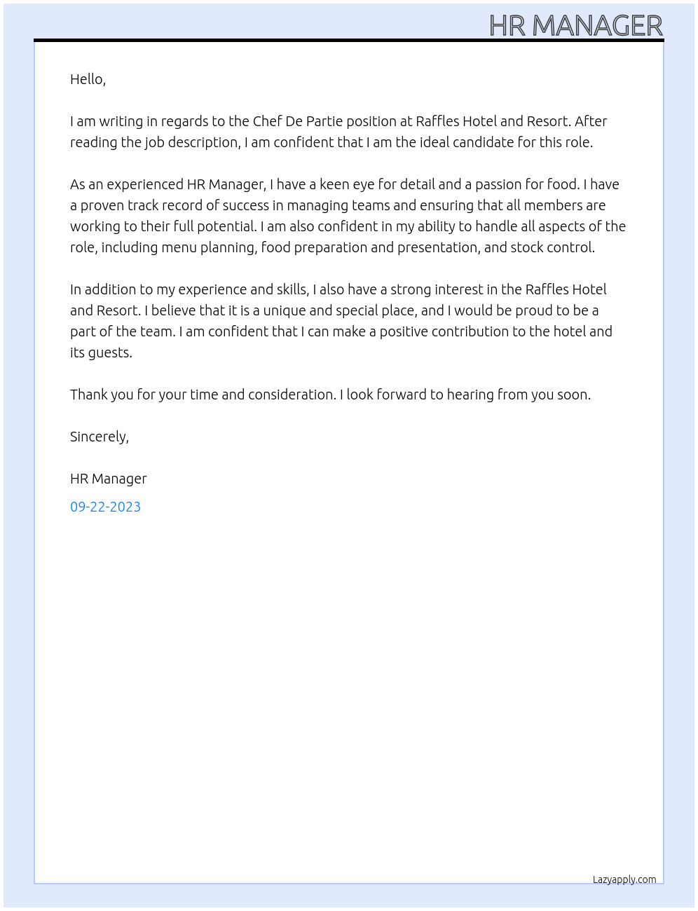 Chef De Partie At Raffles Hotel and Resort Cover Letter