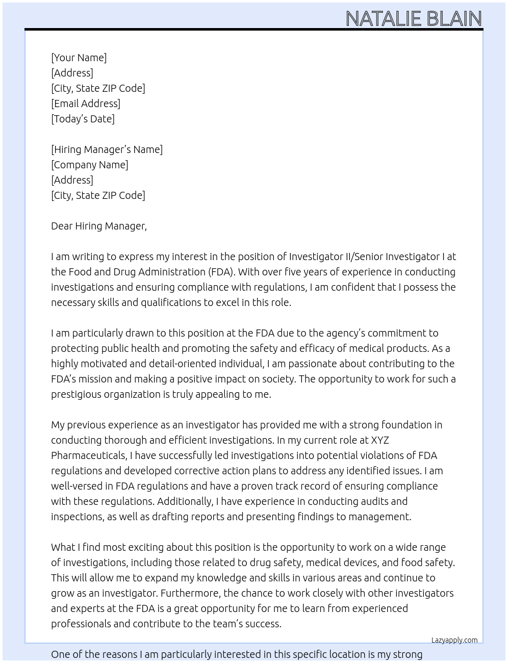 Investigator II/Senior Investigator I At FDA Cover Letter