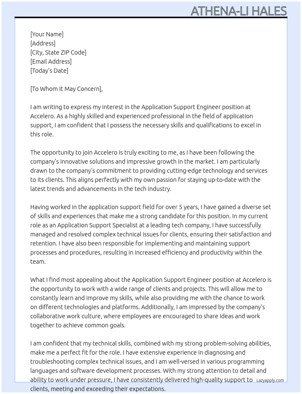 Application Support Engineer At Accelero Cover Letter