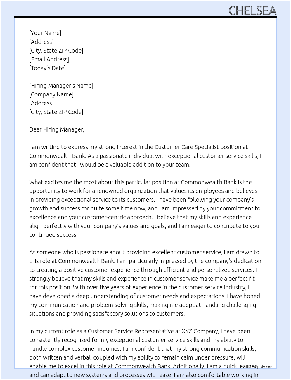 Customer Care Specialist At Commonwealth Bank Cover Letter