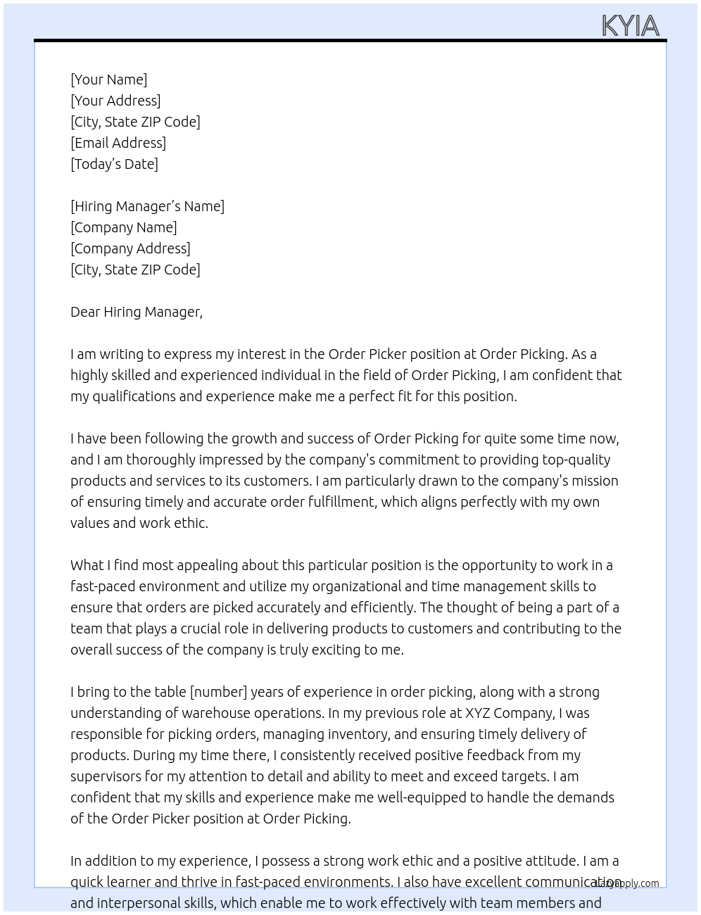 Order picker At Order picking  Cover Letter