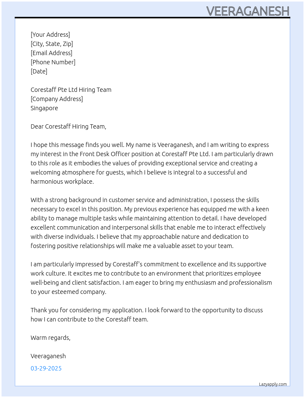 Front Desk Officer At Corestaff Pte Ltd Cover Letter