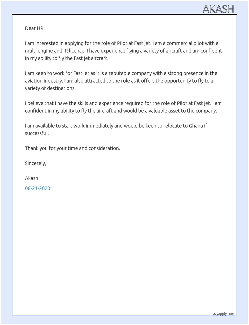 Pilot At Fast jet Cover Letter