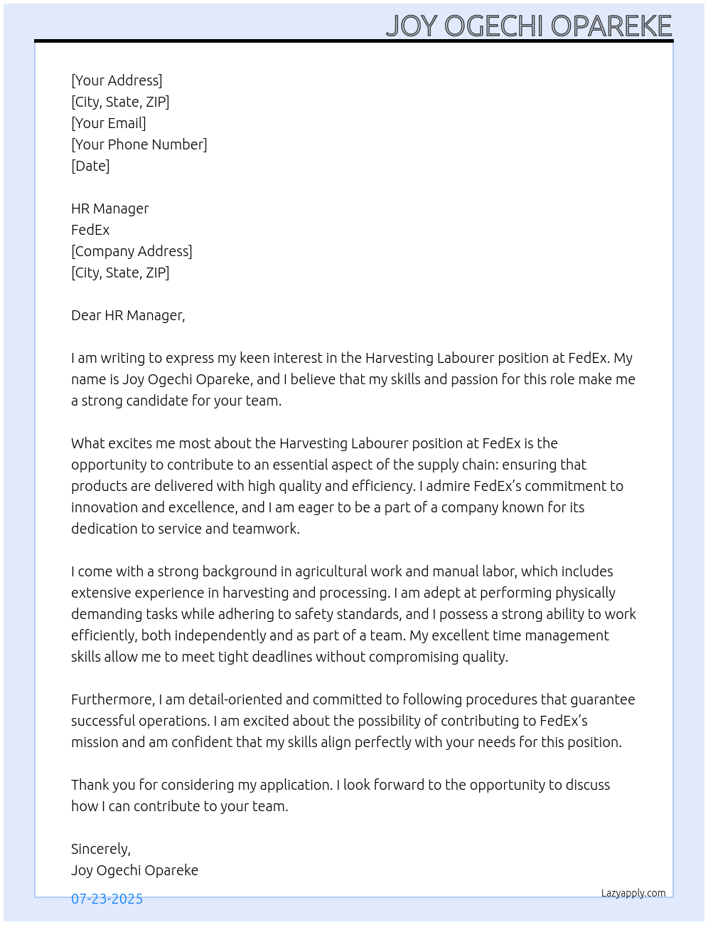 harvesting labourer At fedex Cover Letter