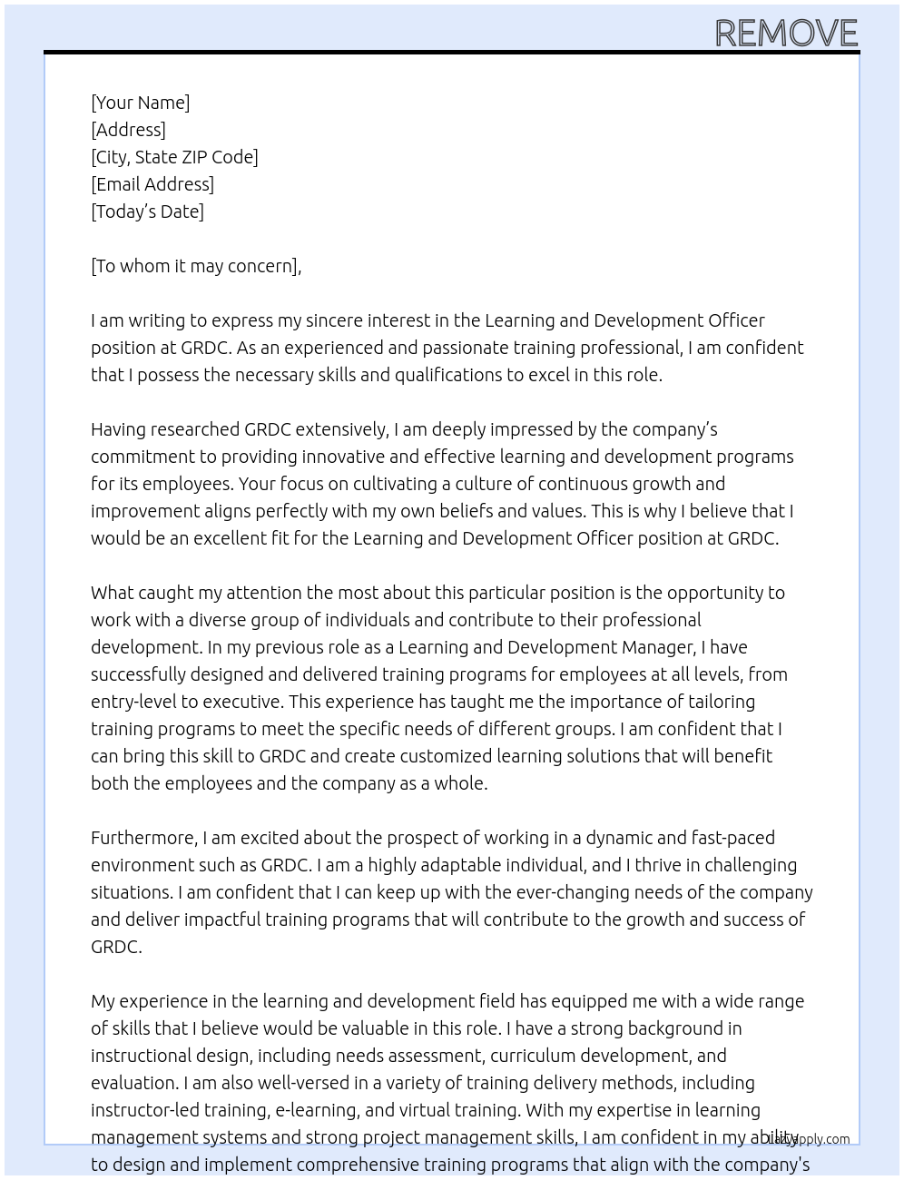 Learning and Development Officer At GRDC Cover Letter