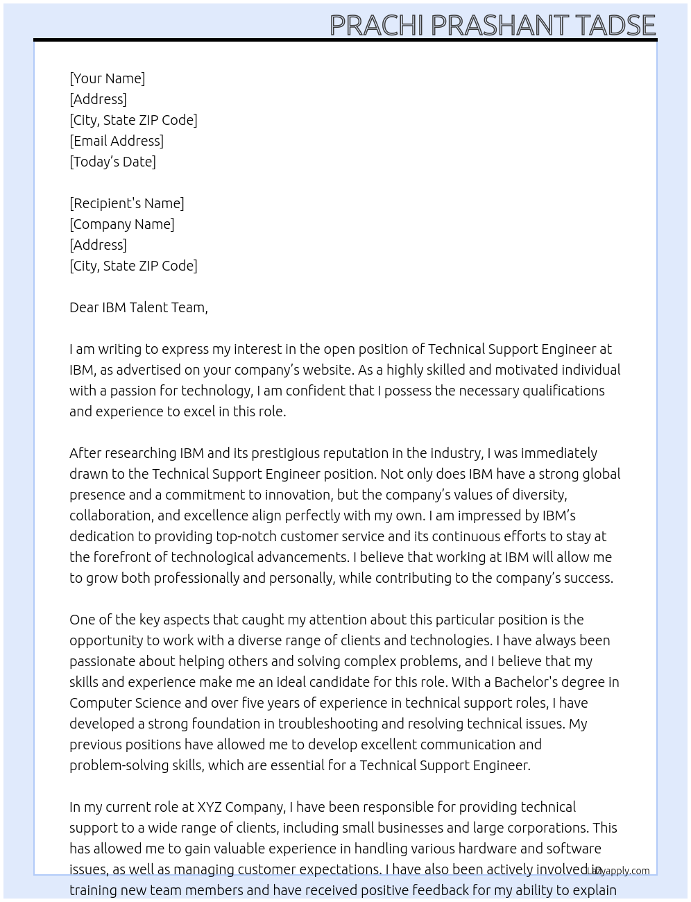 Technical support engineer At IBM Cover Letter