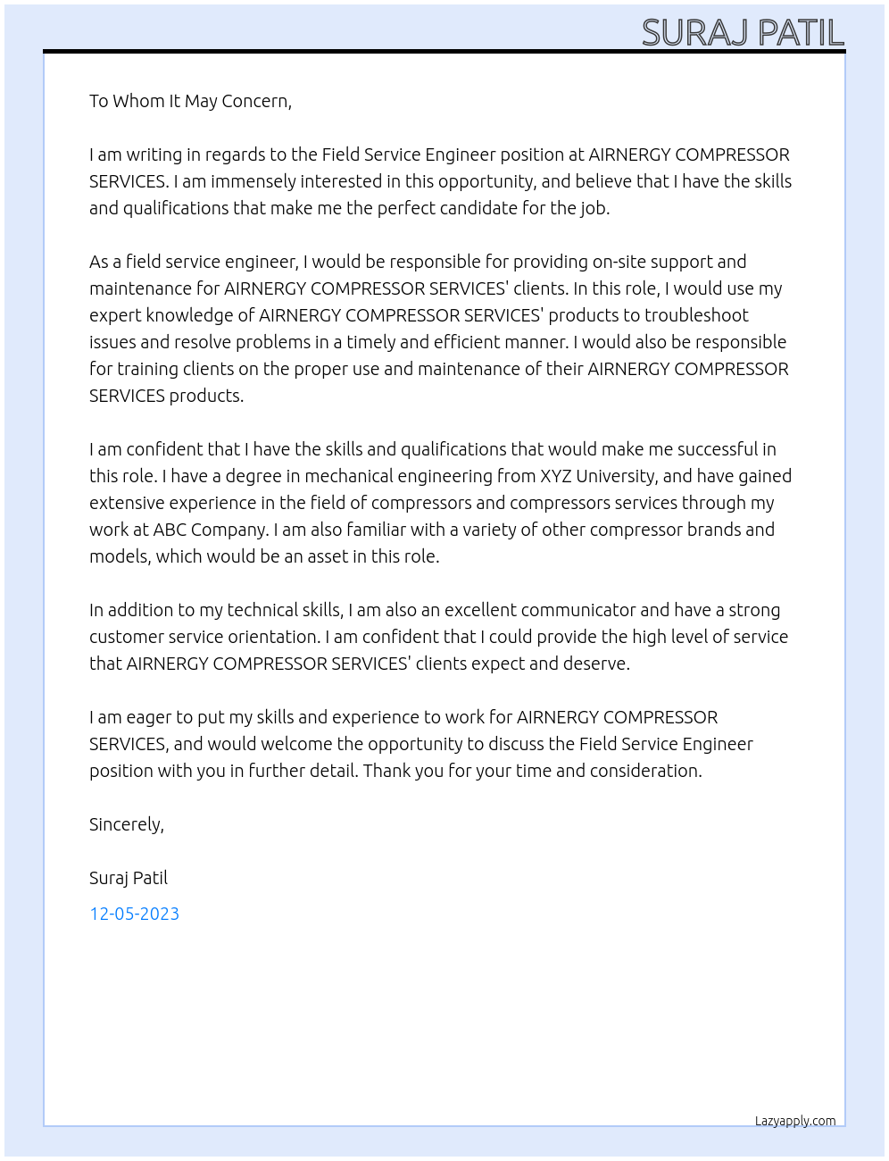 Field service engineer At AIRNERGY COMPRESSOR SERVICES Cover Letter