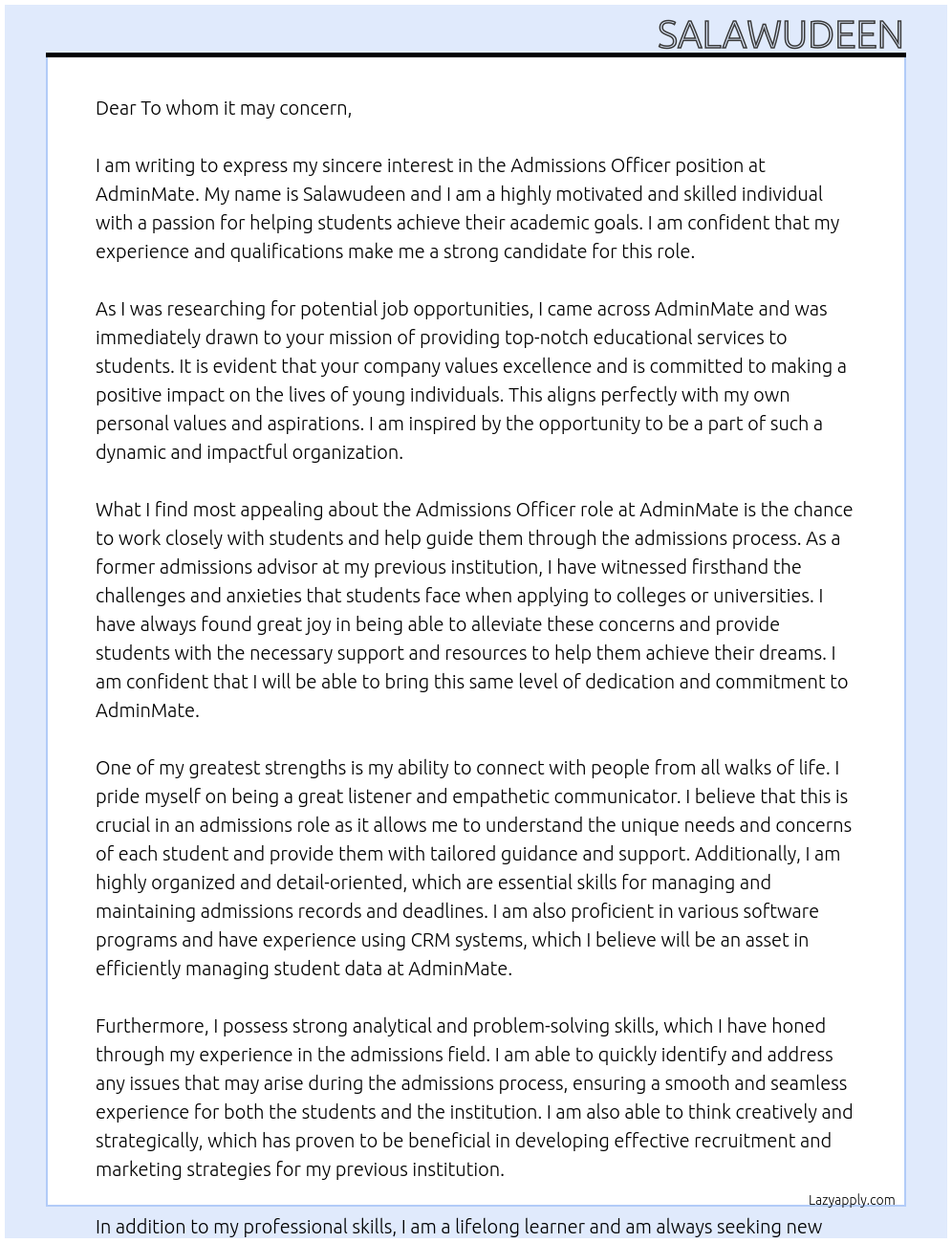 Admissions Officer At AdminMate Cover Letter