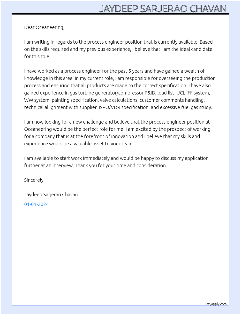 Process engineer At Oceaneering Cover Letter