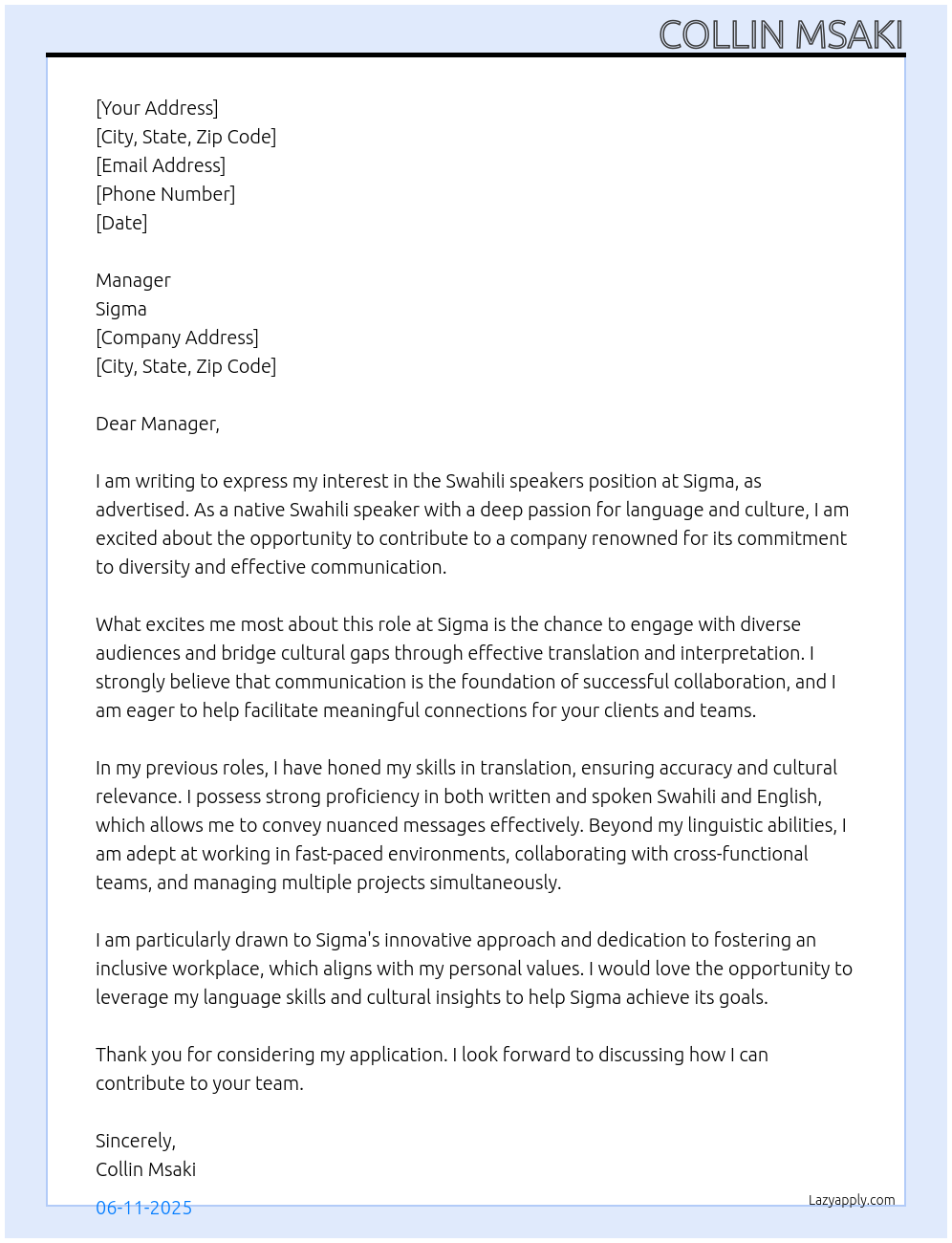 Swahili speakers At Sigma Cover Letter