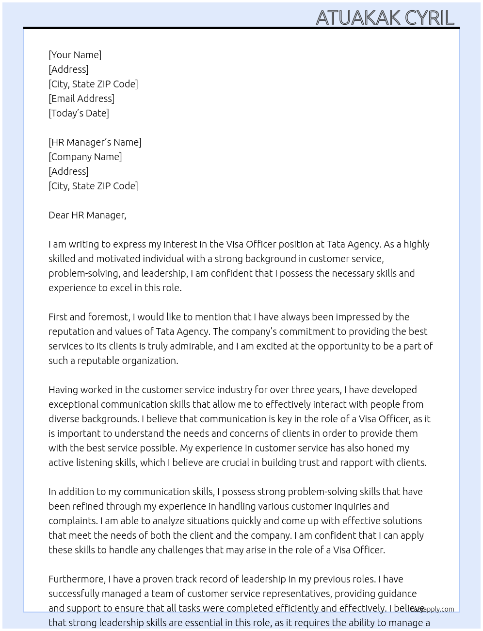 Visa Officer At Tata Agency Cover Letter