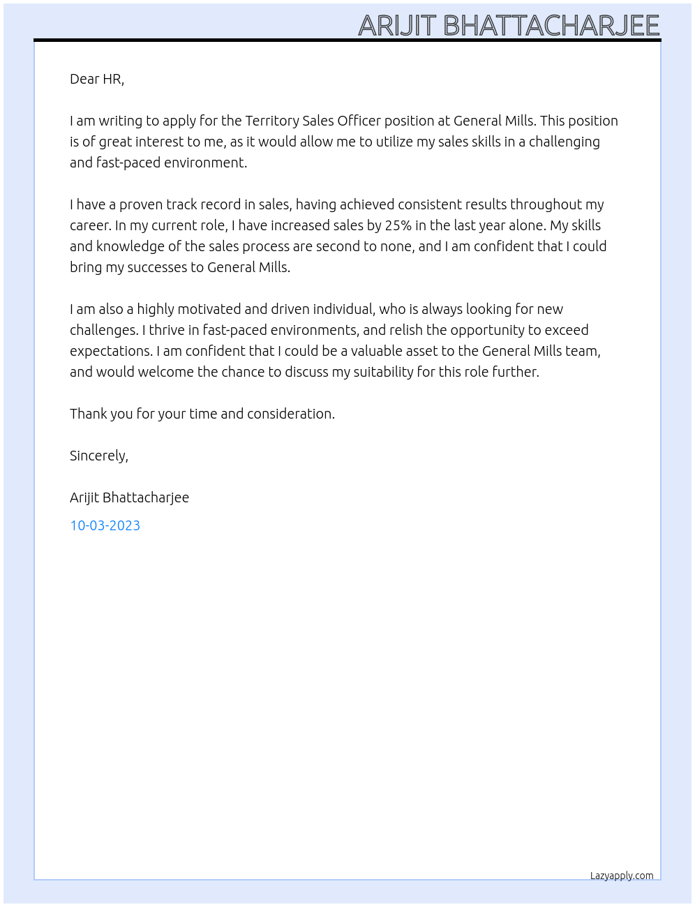 Territory Sales Officer At General Mills Cover Letter