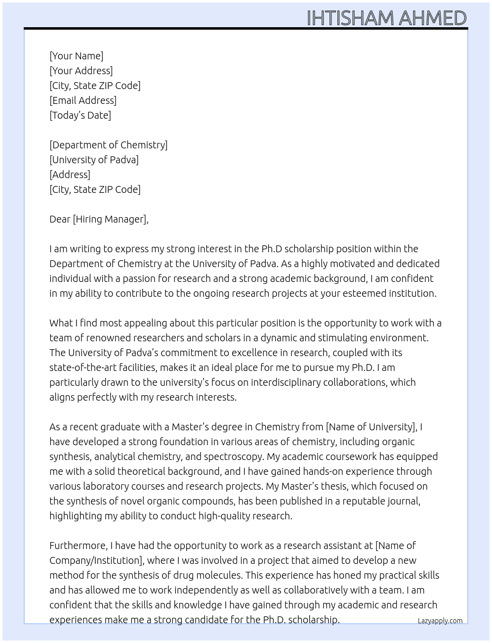 Ph.D scholarship At University of Padva Cover Letter