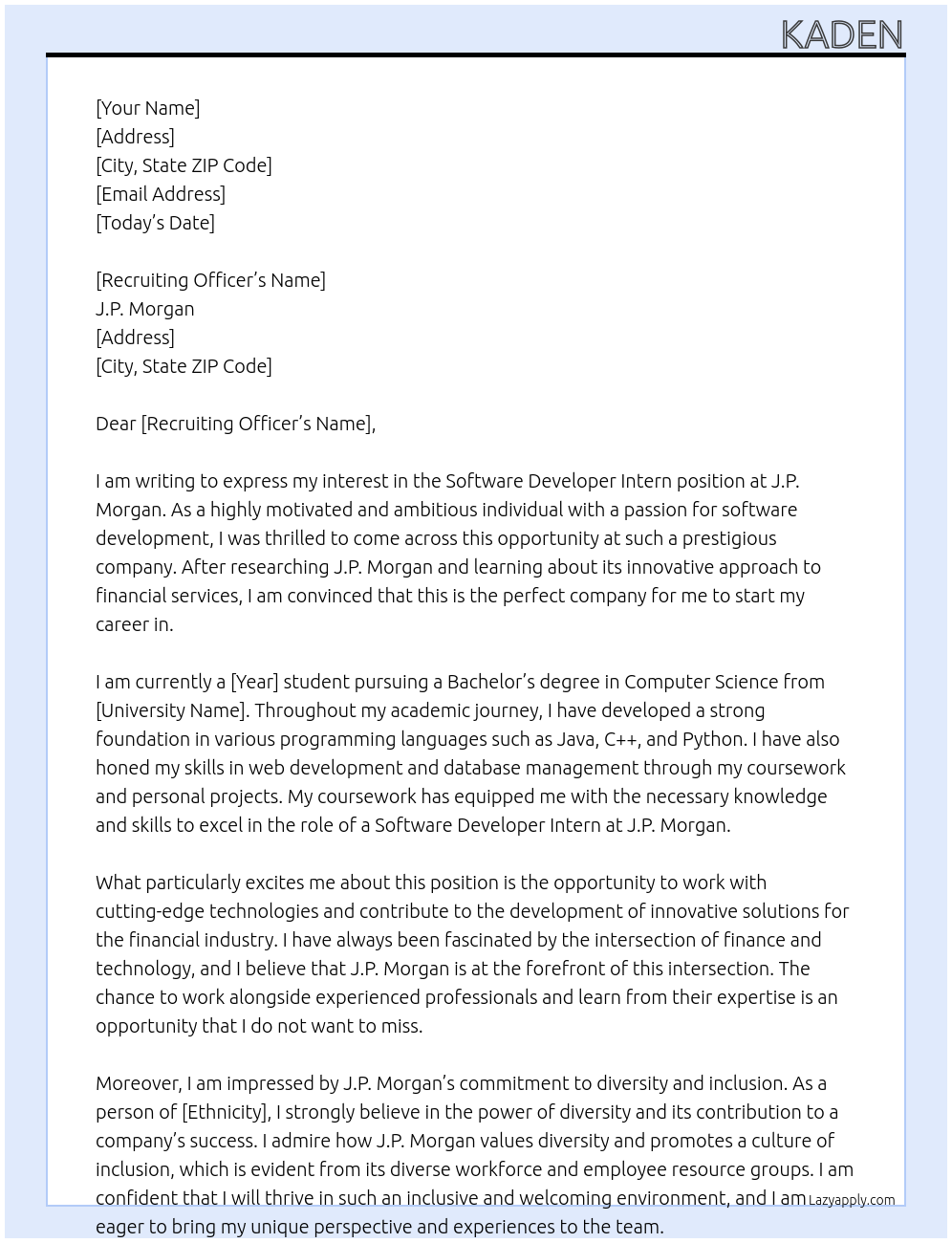 Software Developer Intern At J.P. Morgan Cover Letter