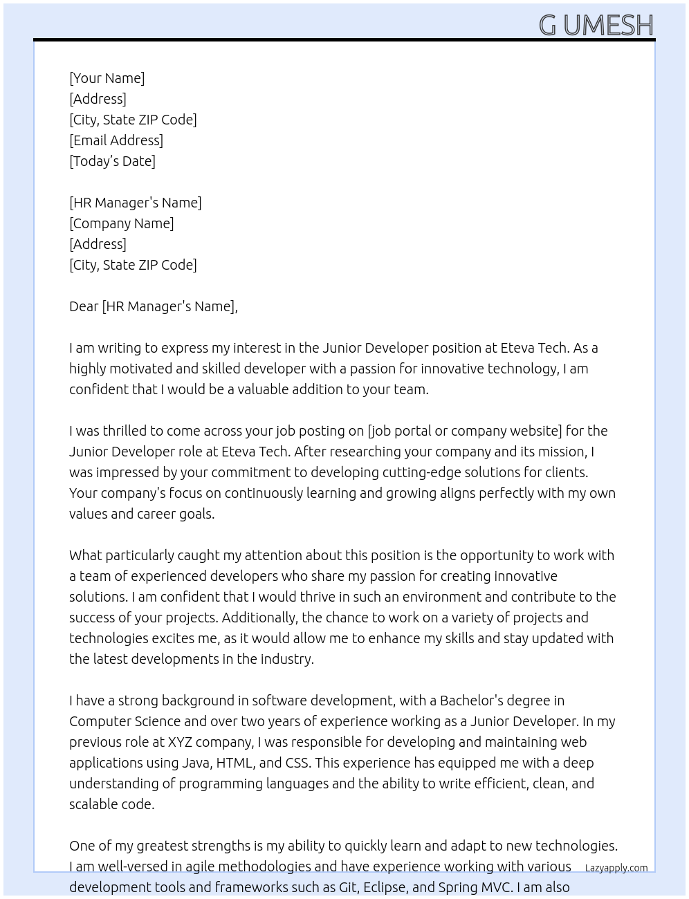 Junior Developer At eteva tech Cover Letter