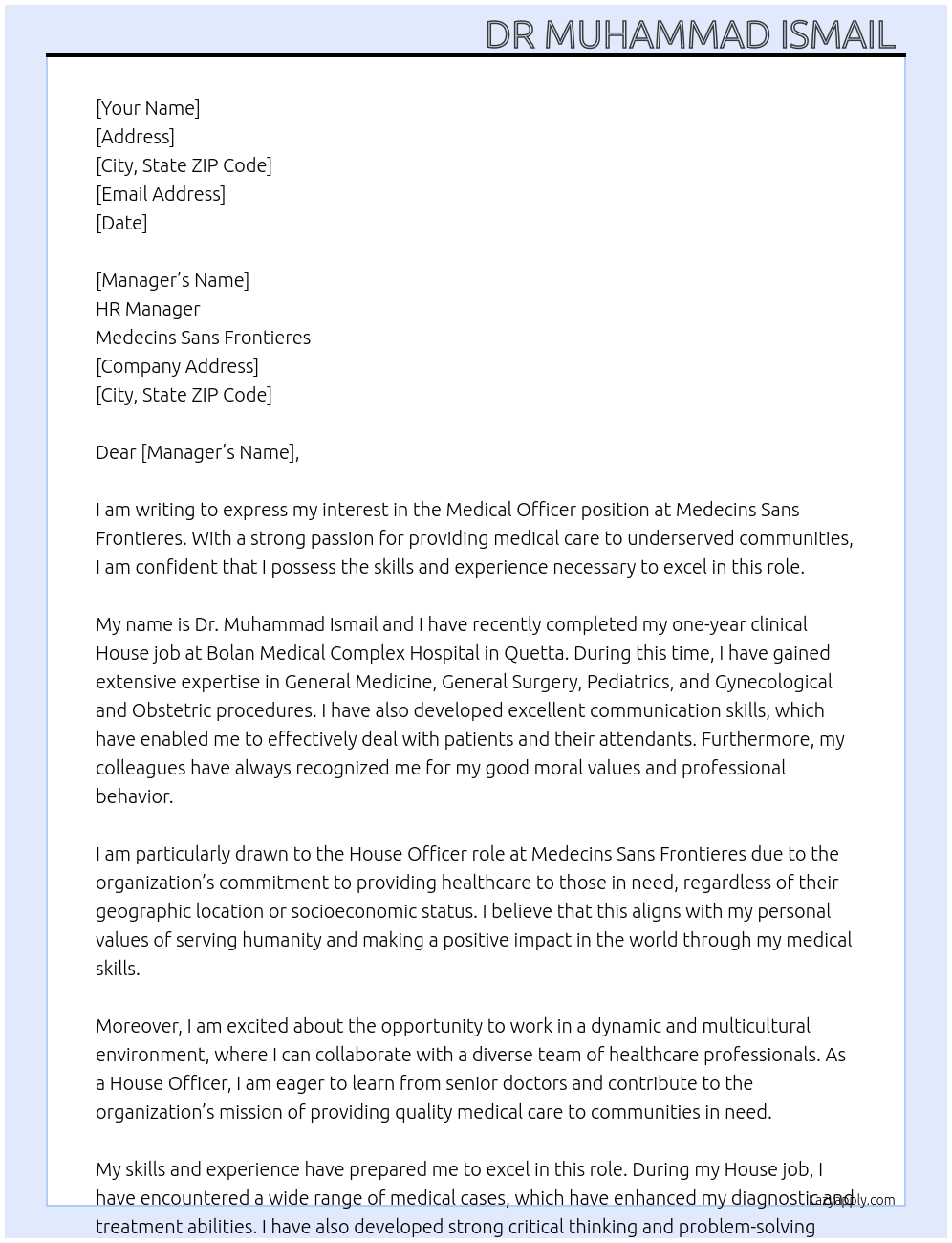 Medical Officer  At medecins sans frontieres Cover Letter