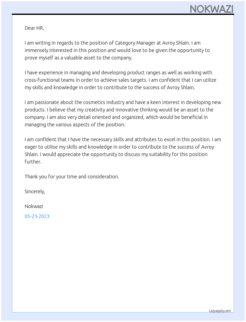 CATEGORY MANAGER At AVROY SHLAIN Cover Letter