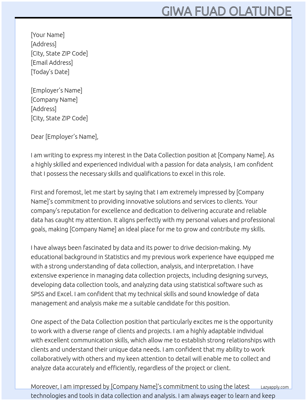 Data Collection At Company Cover Letter