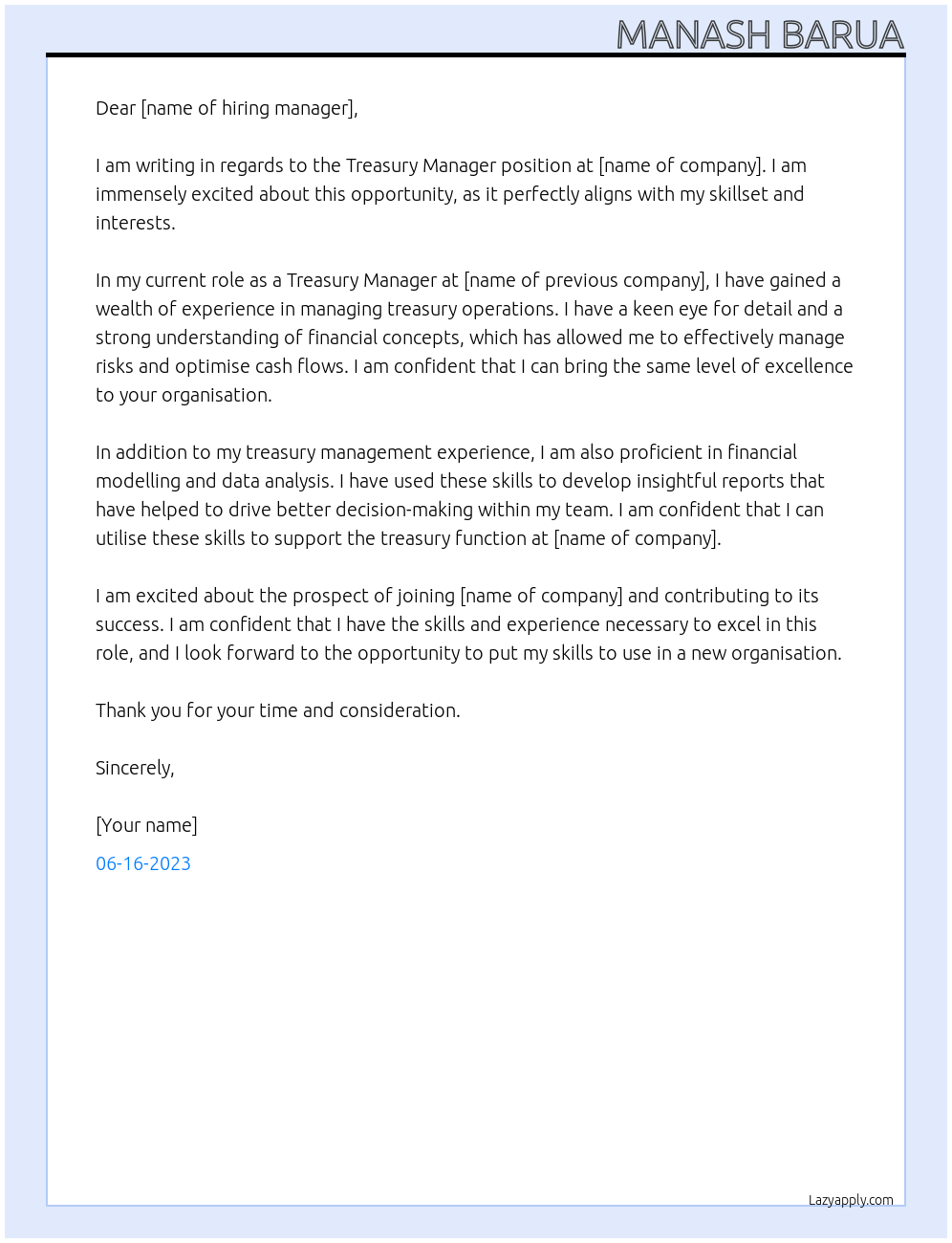 Treasury Manager At xxx Cover Letter