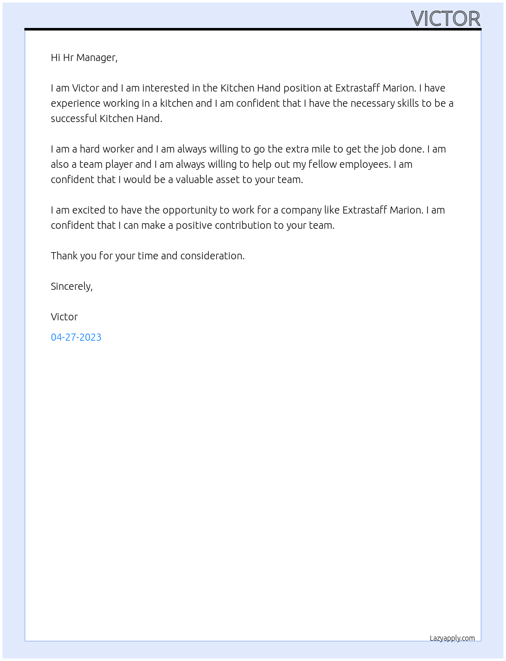 Kitchen Hand At Extrastaff Marion Cover Letter