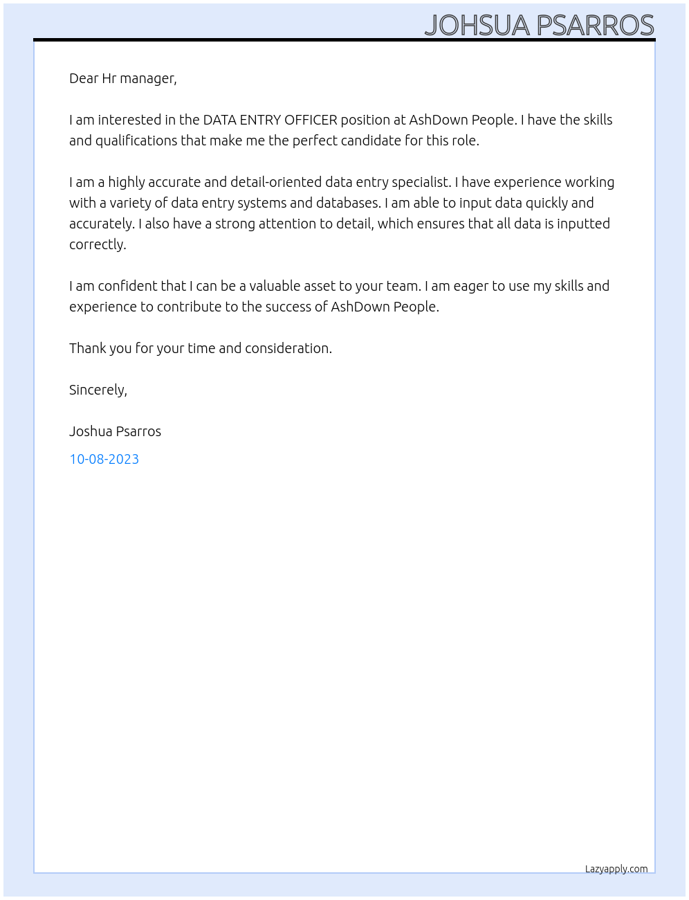 DATA ENTRY OFFICER At AshDown People Cover Letter