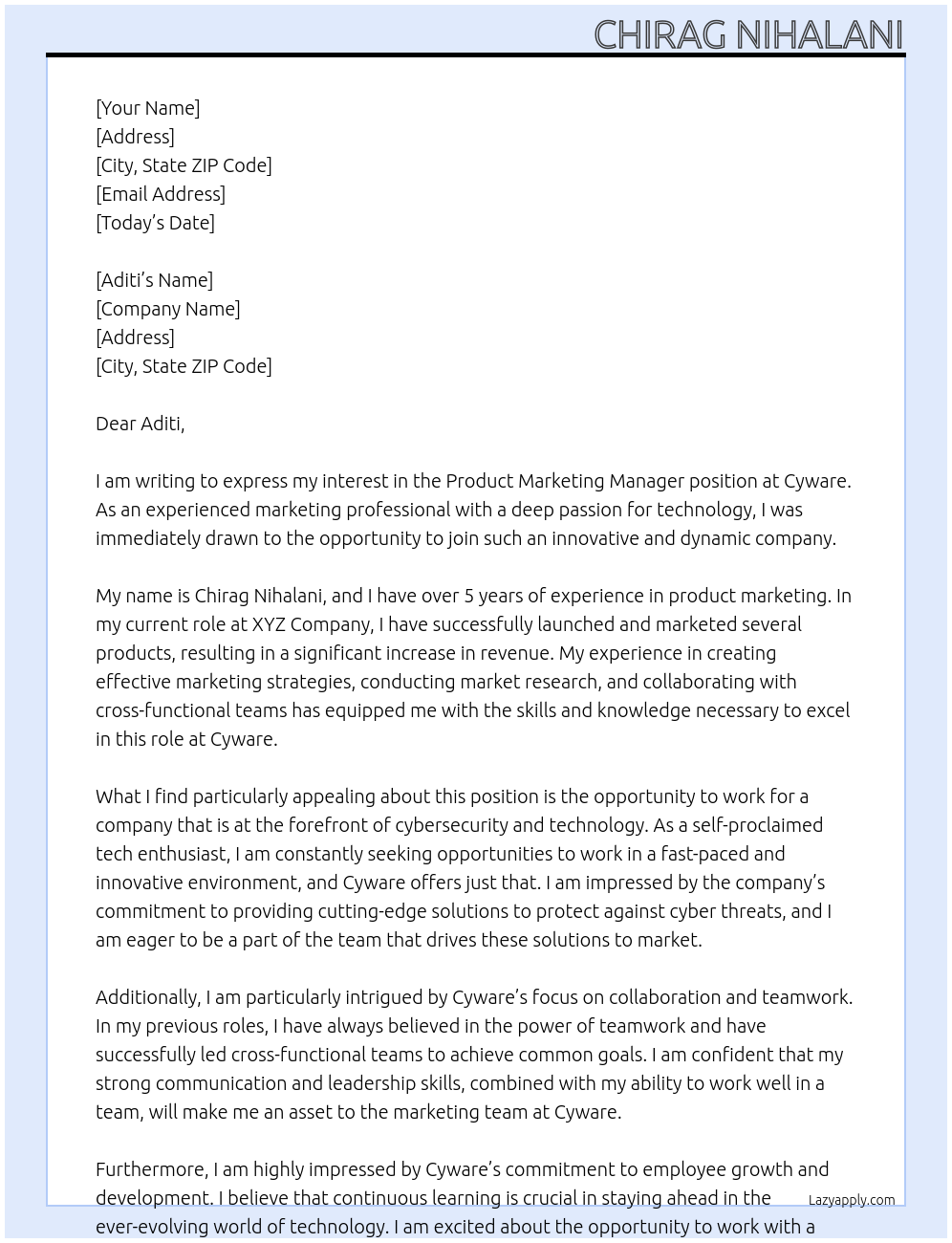 product marketing manager At Cyware Cover Letter
