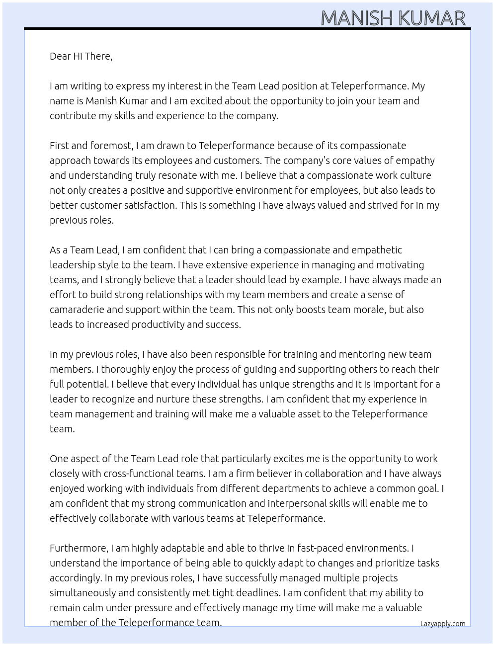 Team Lead At Teleperformance Cover Letter