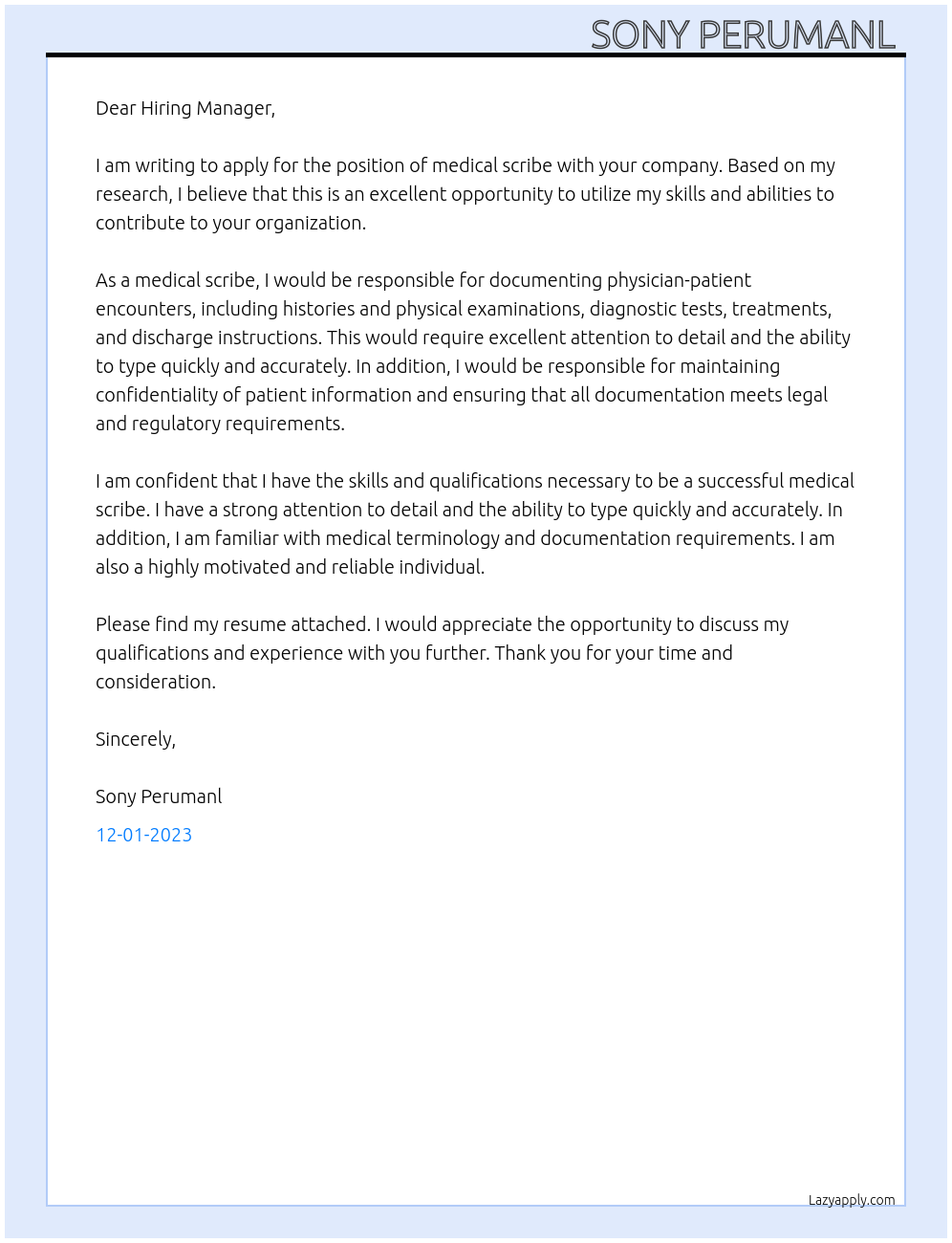 Medical scribe At Na Cover Letter