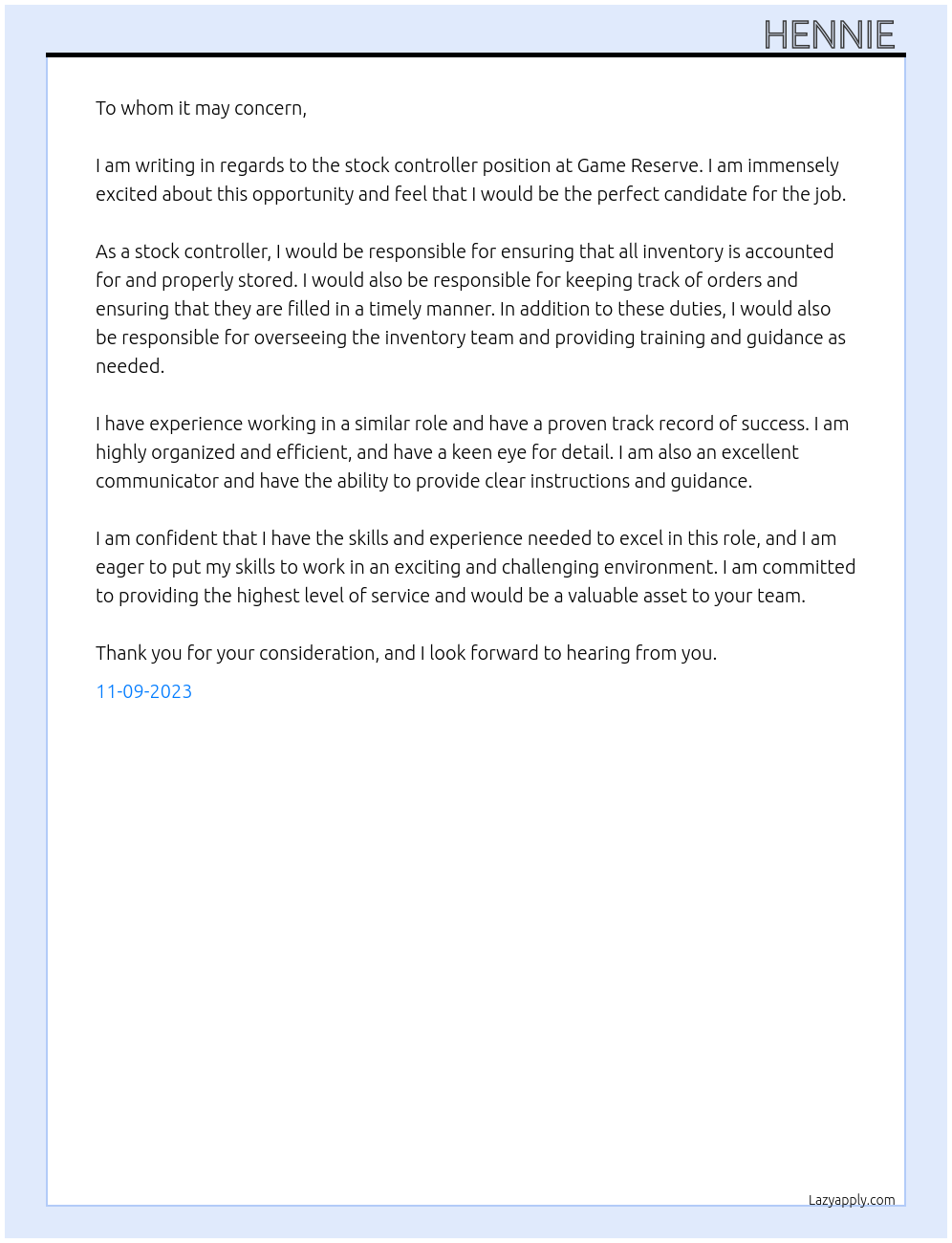 Stock Controller At Game Reserve Cover Letter