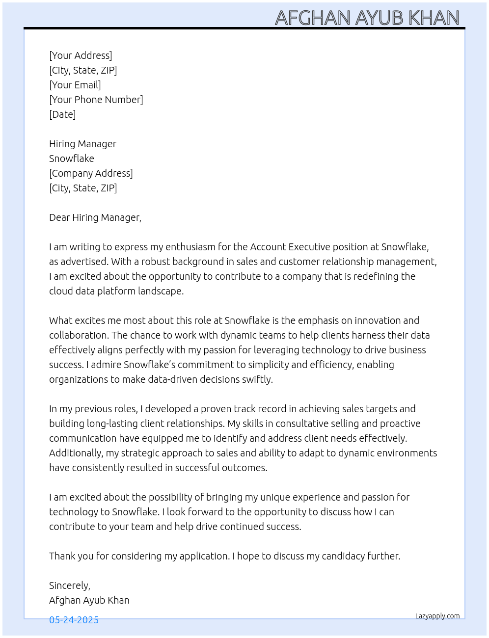Account executive At Snowflake Cover Letter