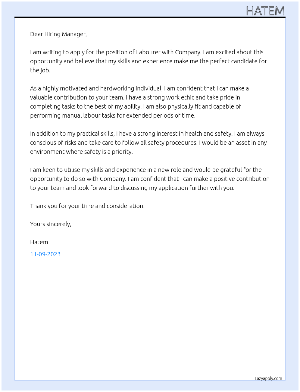 Labourer  At Company Cover Letter