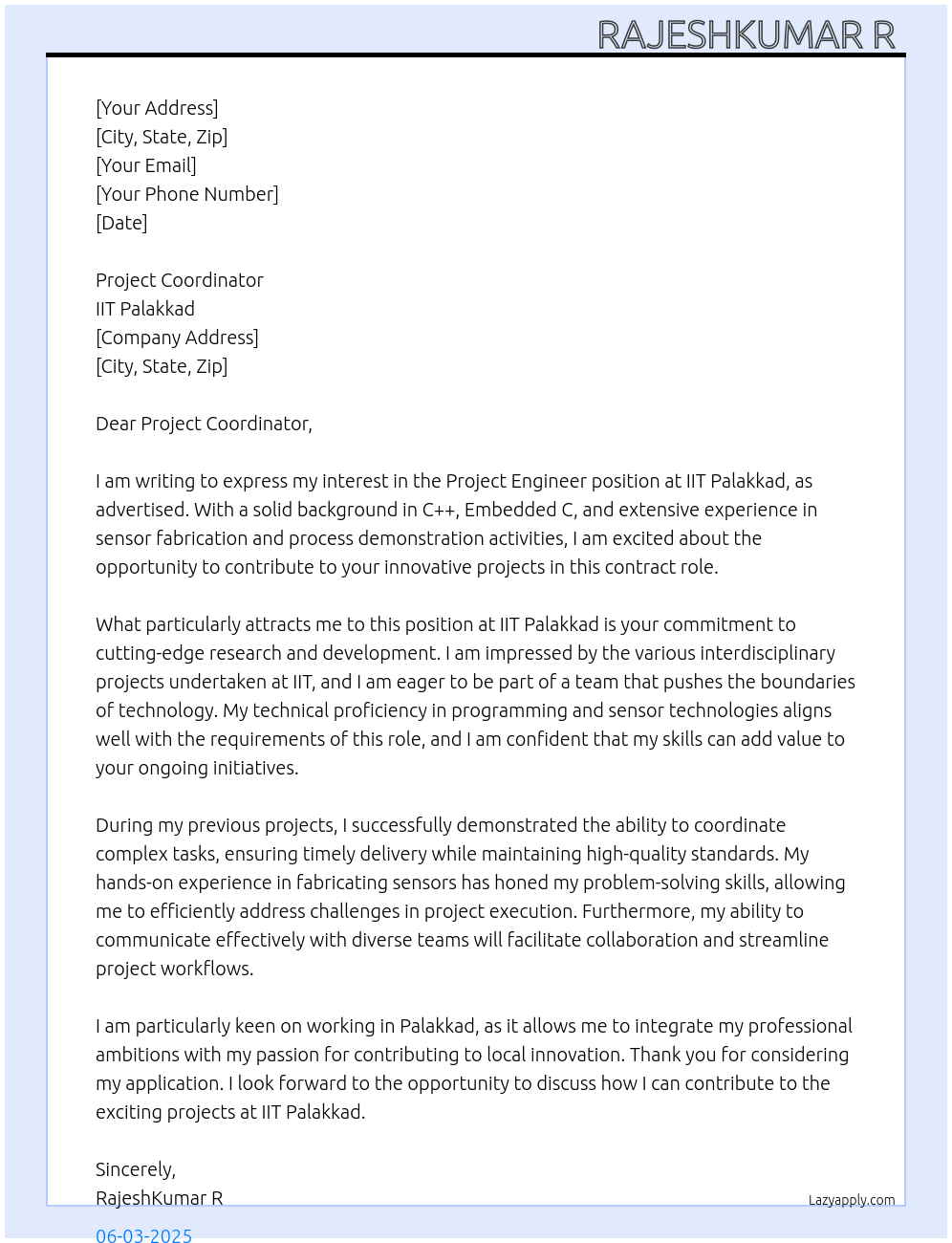 Project Engineer  At IIT Palakkad  Cover Letter