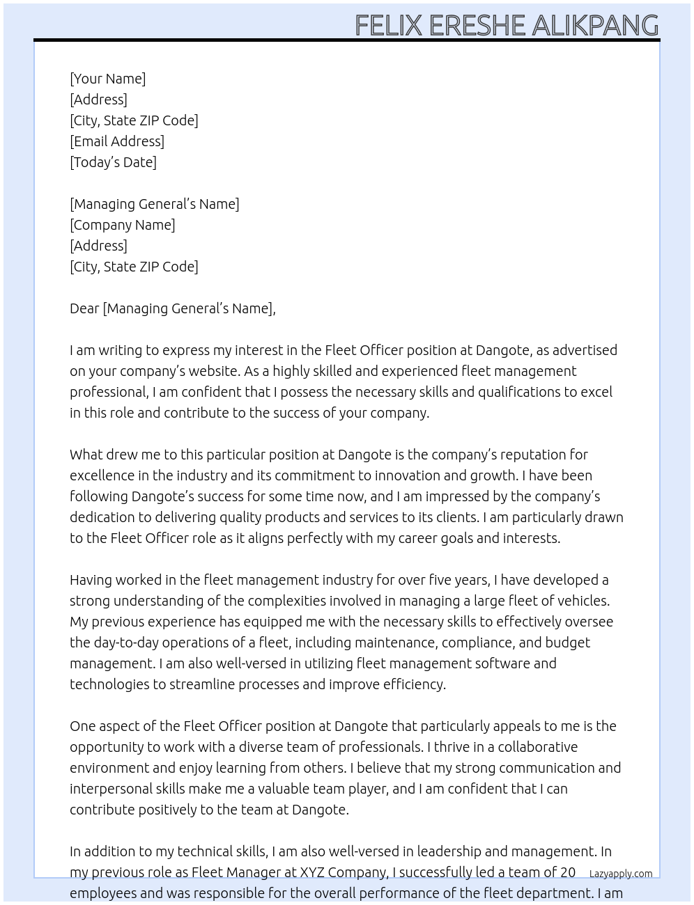 Fleet officer At Dangote Cover Letter