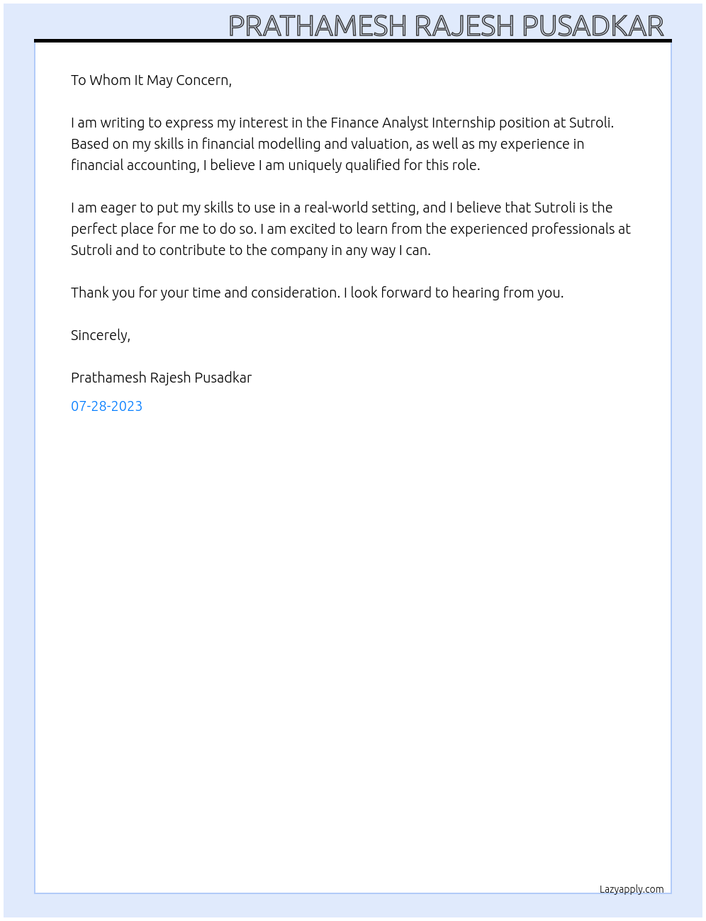 Finance analyst At Sutroli Cover Letter