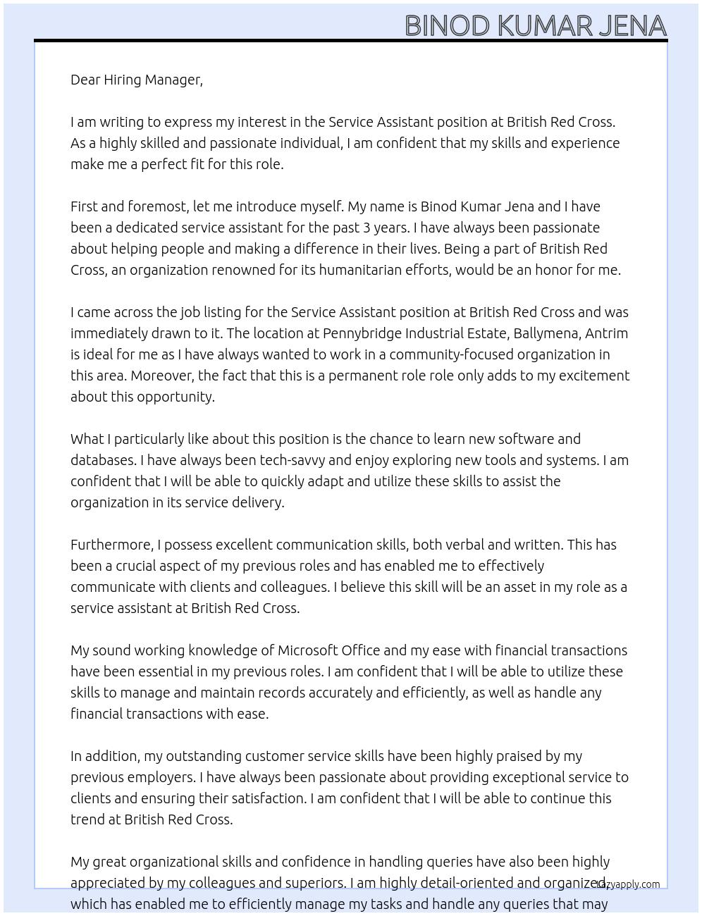 Service Assistant At British Red cross Cover Letter