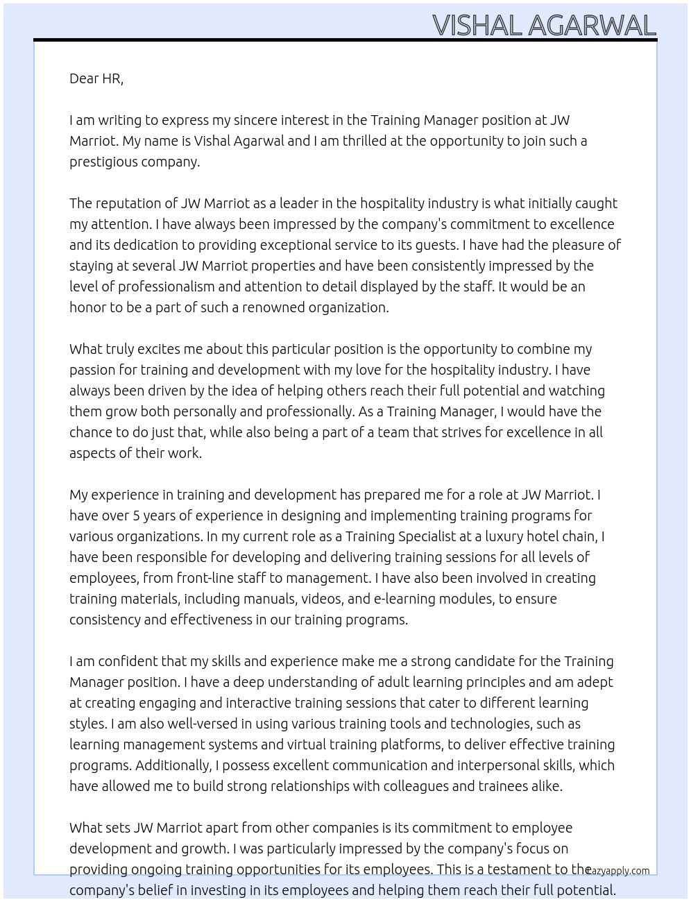 Training manager At JW Marriot Cover Letter