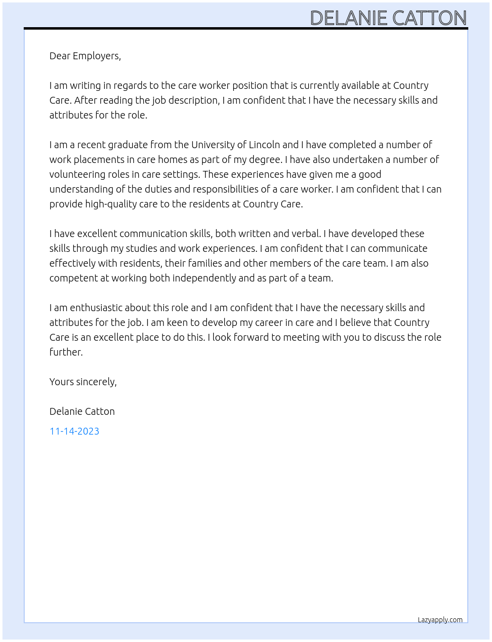 Care worker At Country Care  Cover Letter