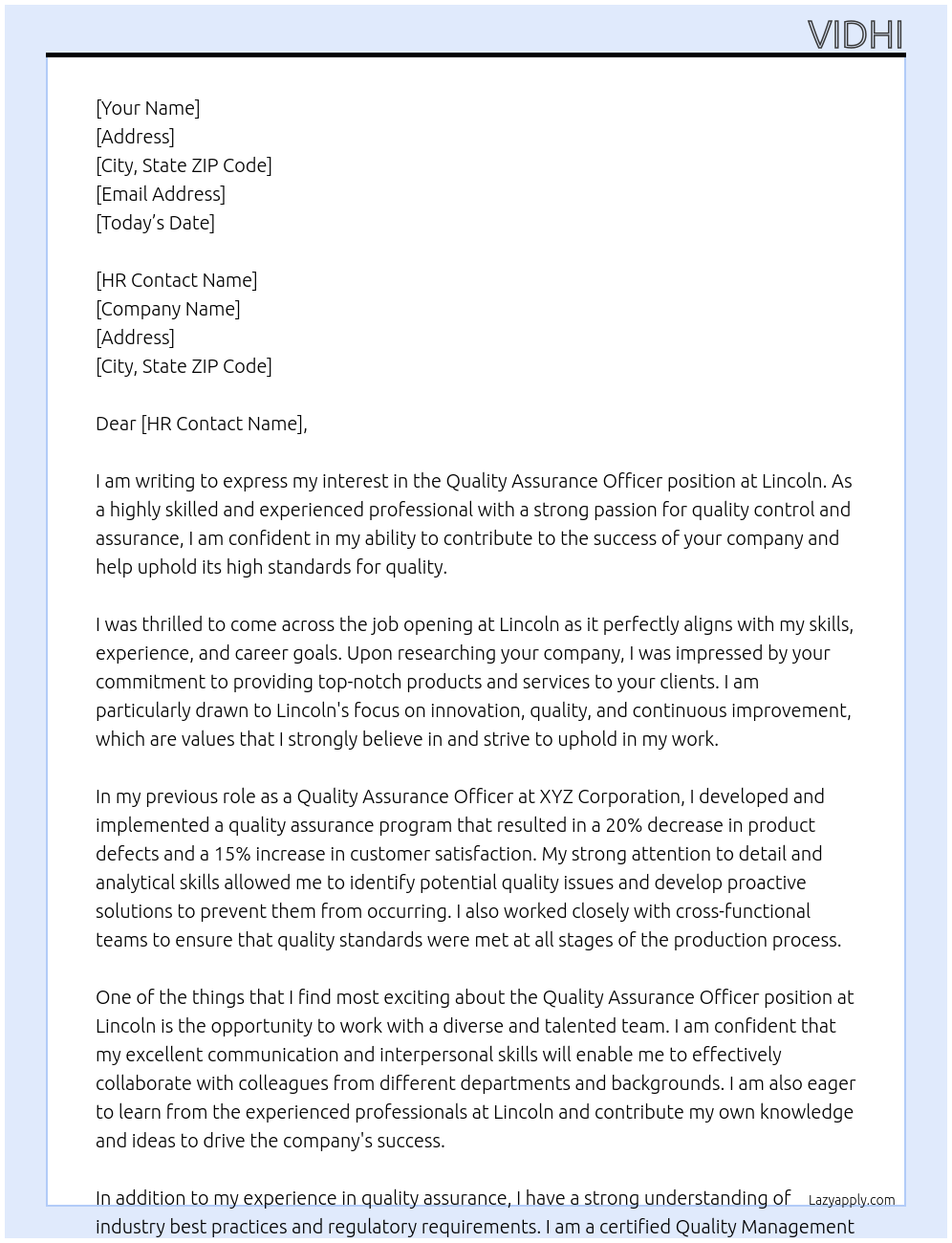 Quality assurance officer  At Lincoln Cover Letter