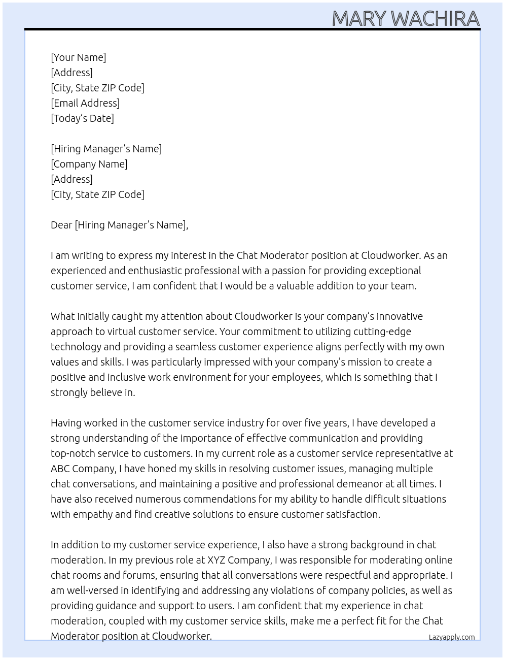 chat moderator At cloudworker Cover Letter