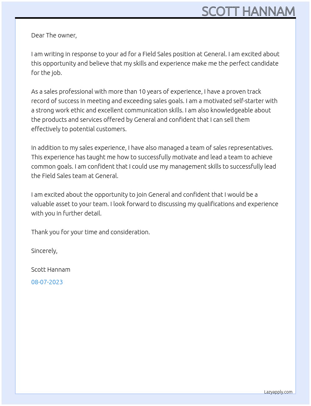 Field Sales At general Cover Letter