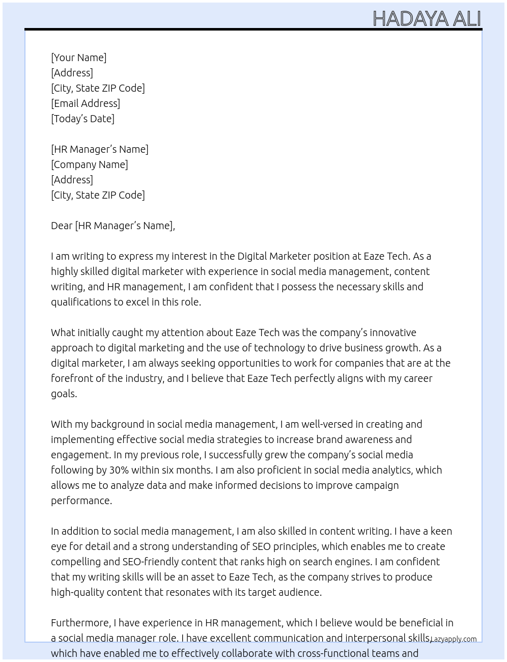 Digital marketer At Eaze tech Cover Letter