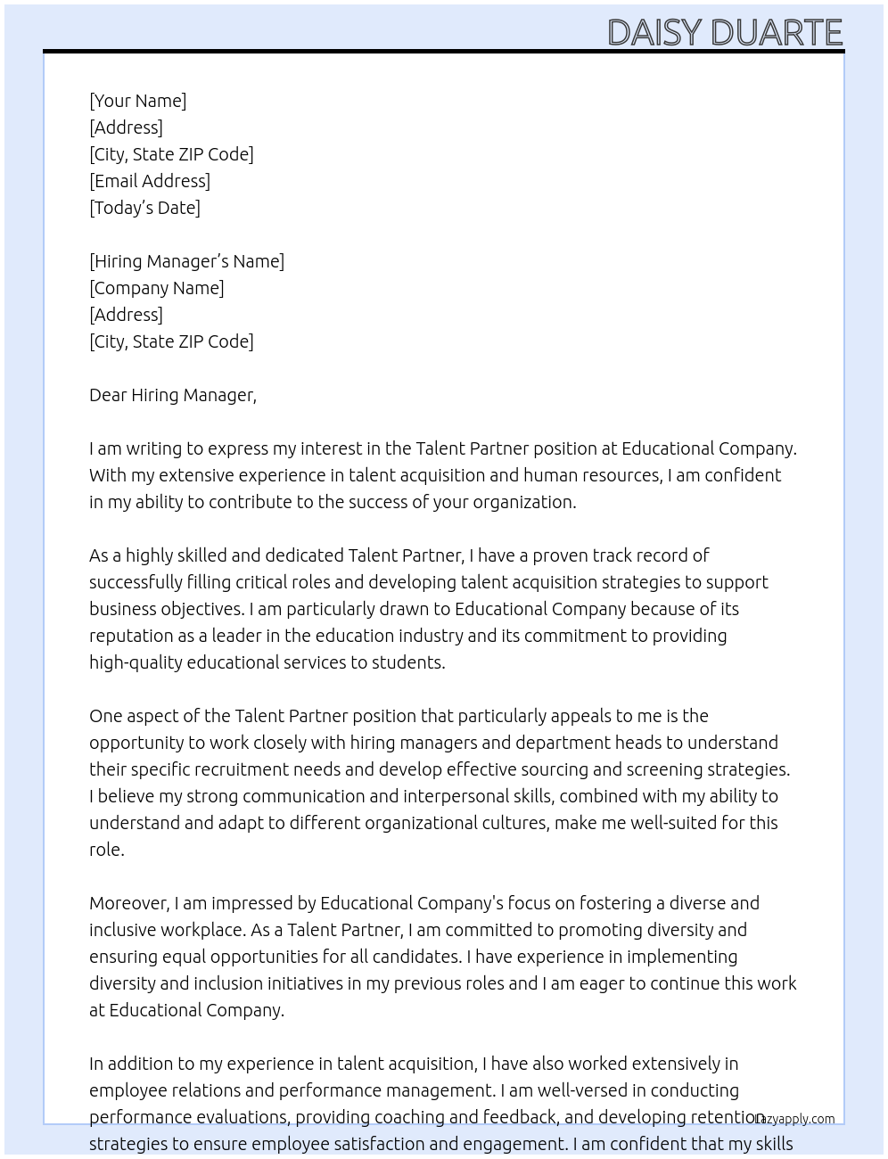 Talent Partner At Educational Company  Cover Letter